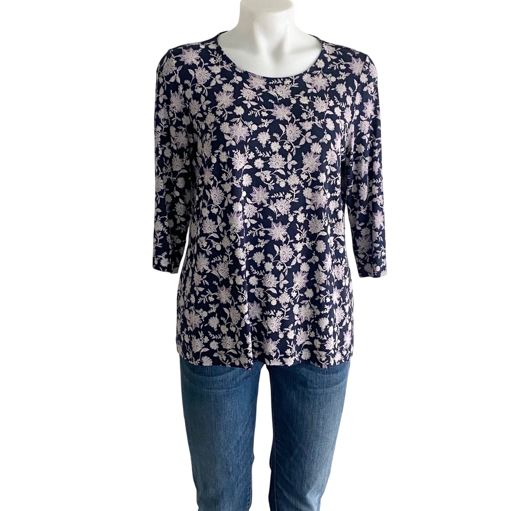 J. Jill Wearever Navy Floral 3/4 Sleeve Top Small Lenzing Ecovero Viscose Blouse